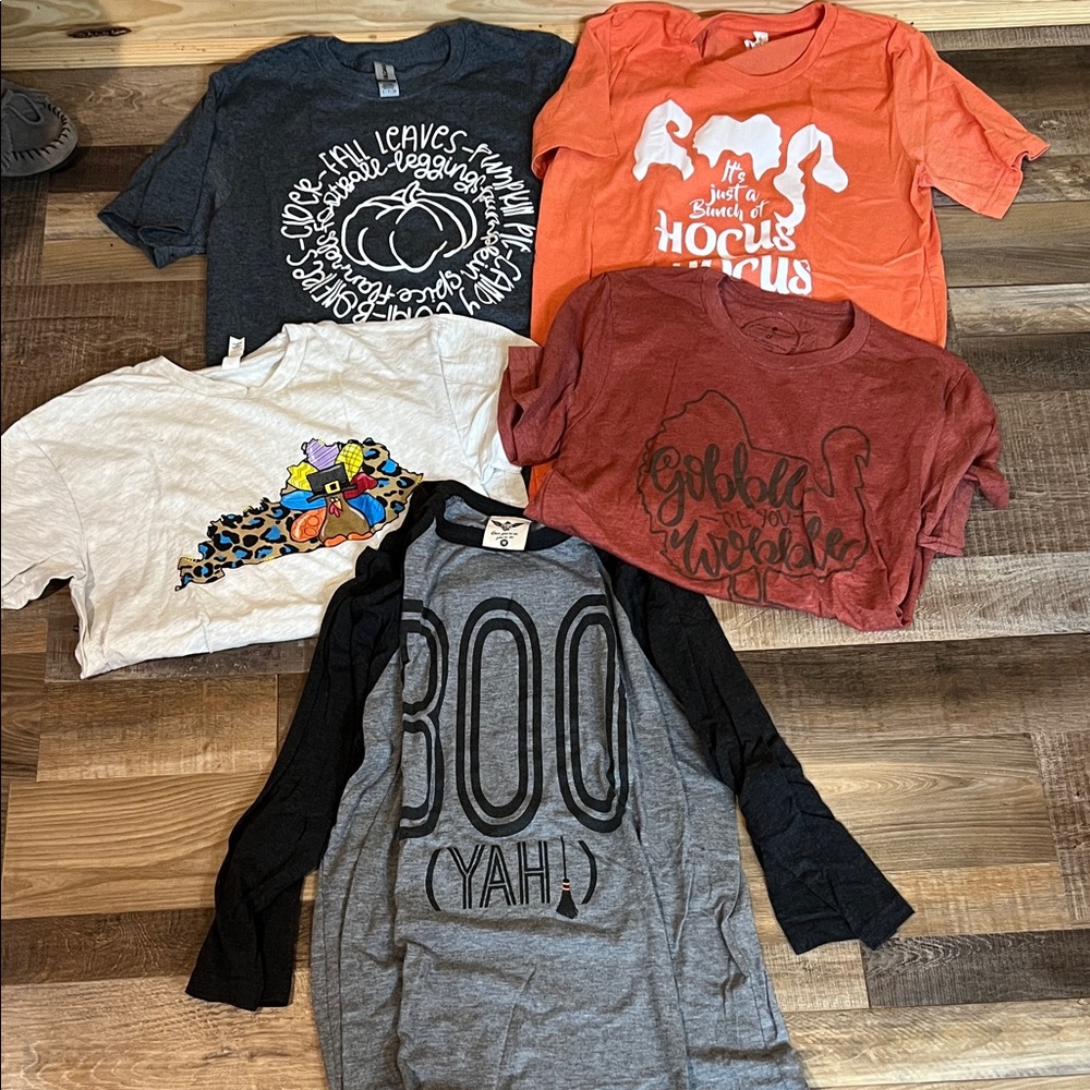 Lot of 5 fall themed shirts- 4 tshirts and 1 raglan baseball style